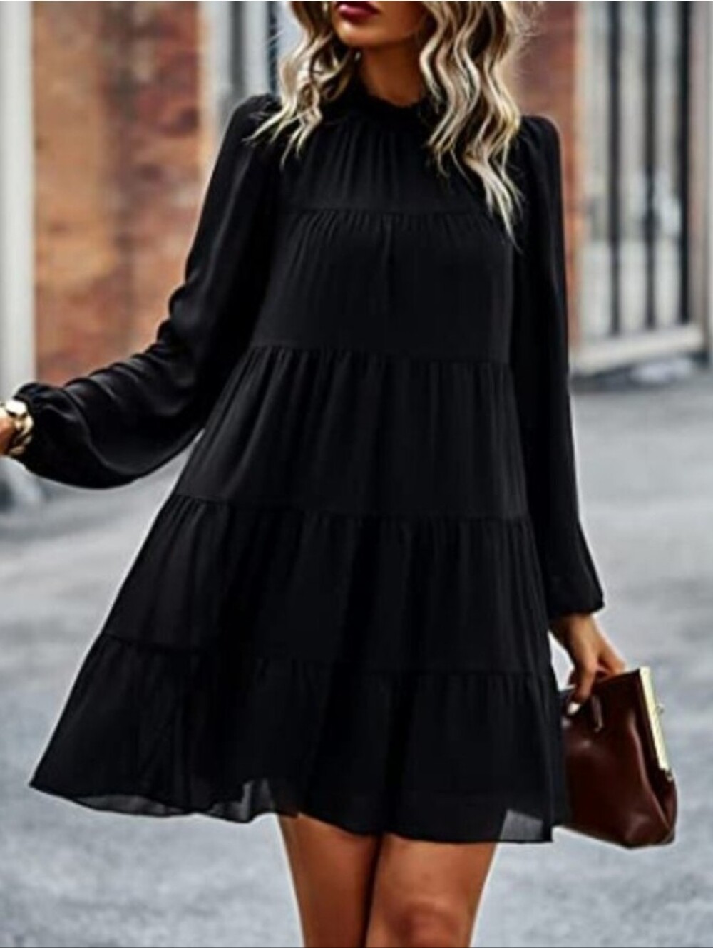 Uncle Frank Black Long Sleeve Turtleneck Tiered Ruffle Dress Size S